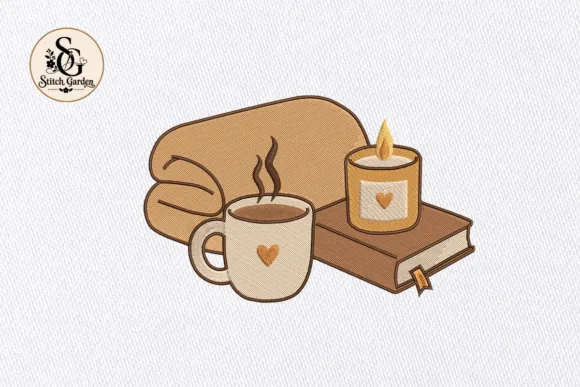 Cozy book coffee and candle embroidery design for tote bags