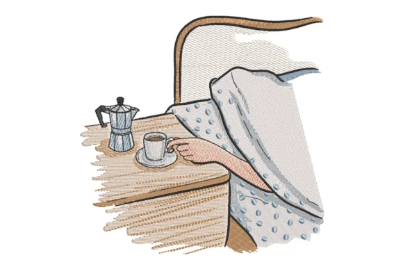 Cozy coffee morning embroidery design with book and moka pot