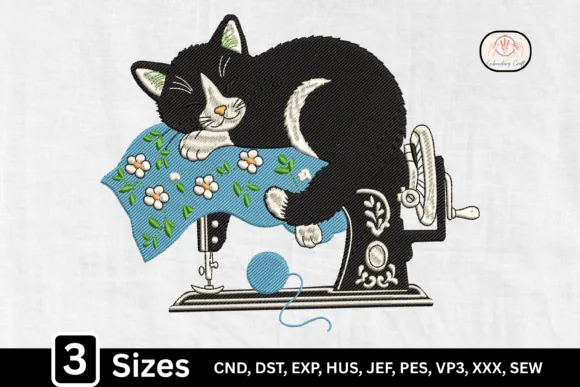 Cat sleeping on a vintage sewing machine embroidery design